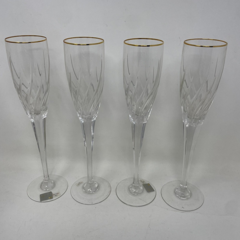 Mikasa Rendezvous Gold Champagne Flutes Set of 4 Slovenia Swirl Optic 10.75in